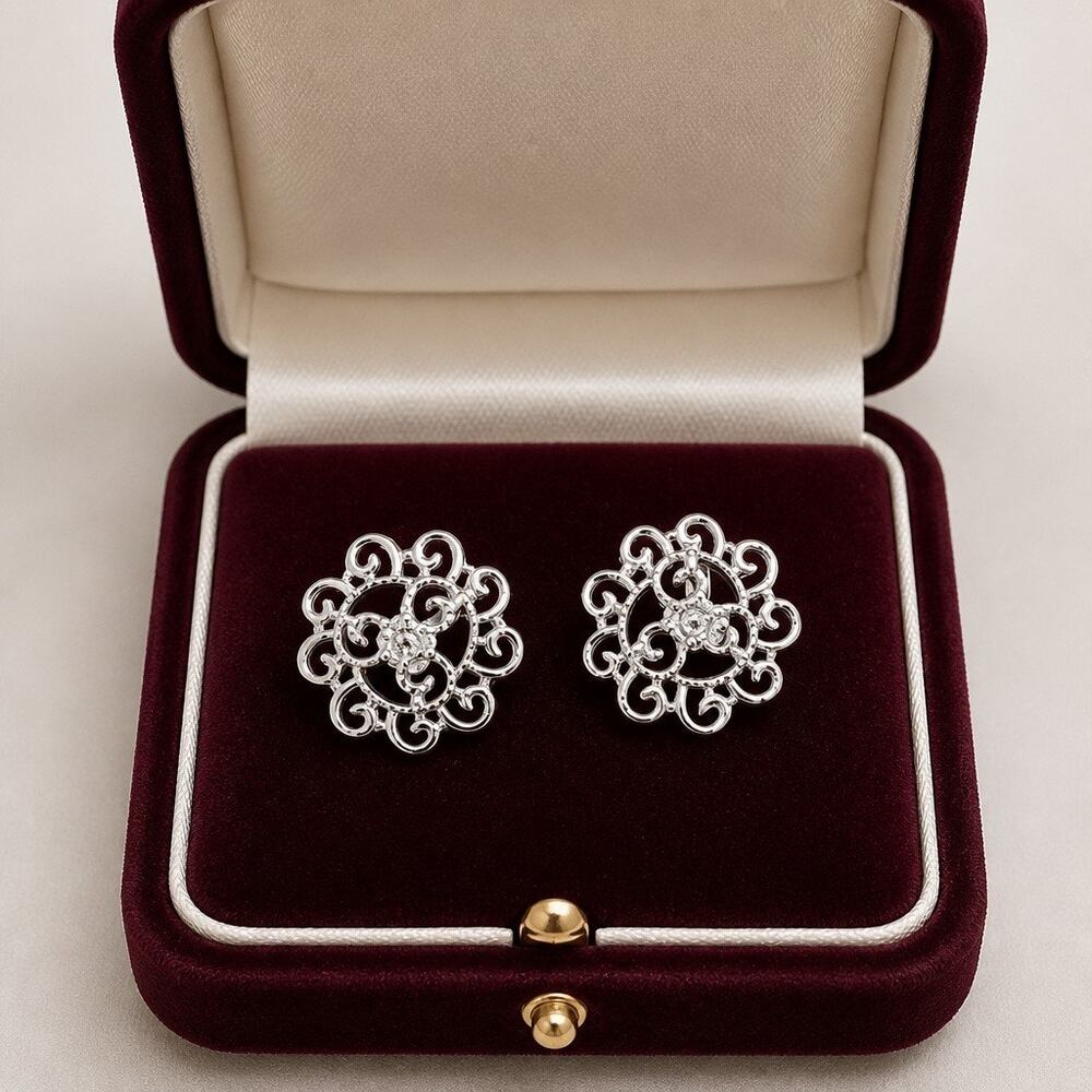 Vintage Signed Napier Silver Openwork Filigree Comfort Clip On Earrings